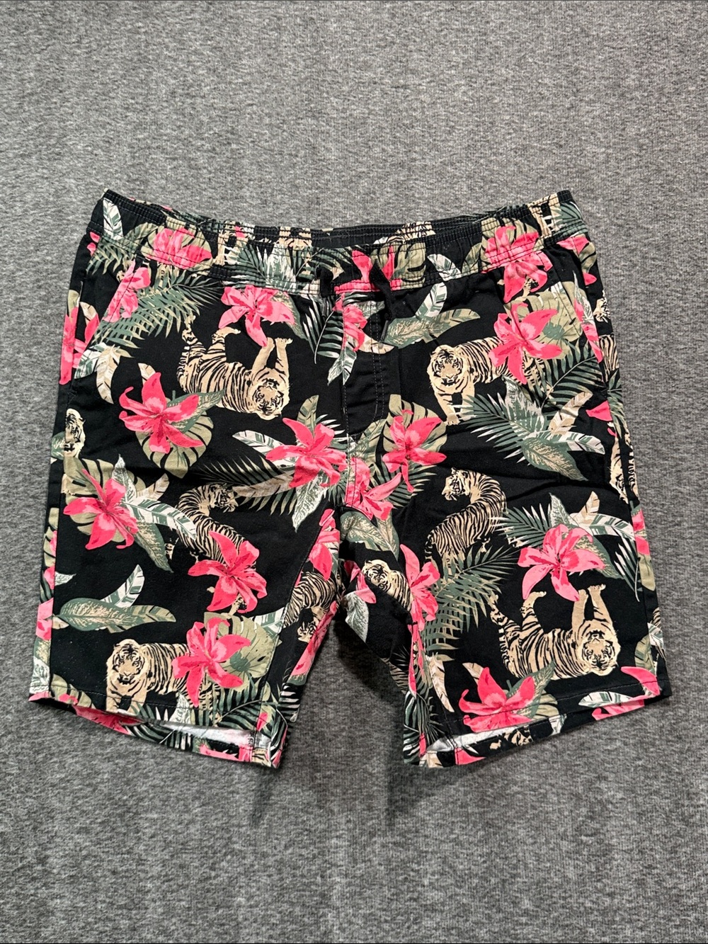 George Mens Shorts Size L Tropical Tiger Print Flat Front w/Drawstring Pockets